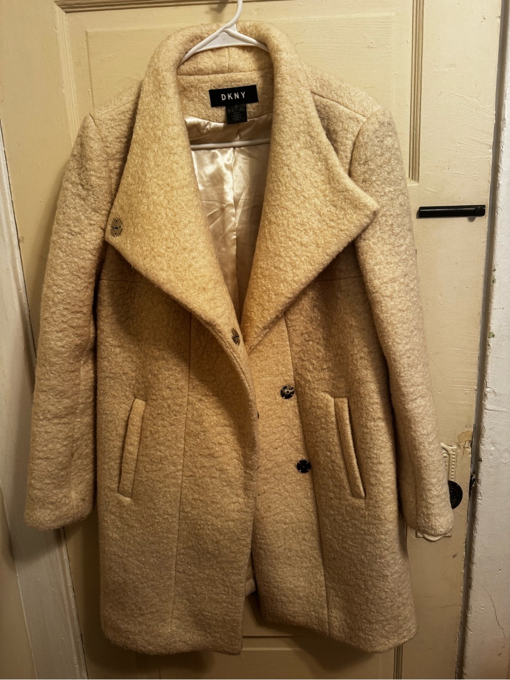 DKNY Cream Wool Pea Coat with Wide Notch Collar
